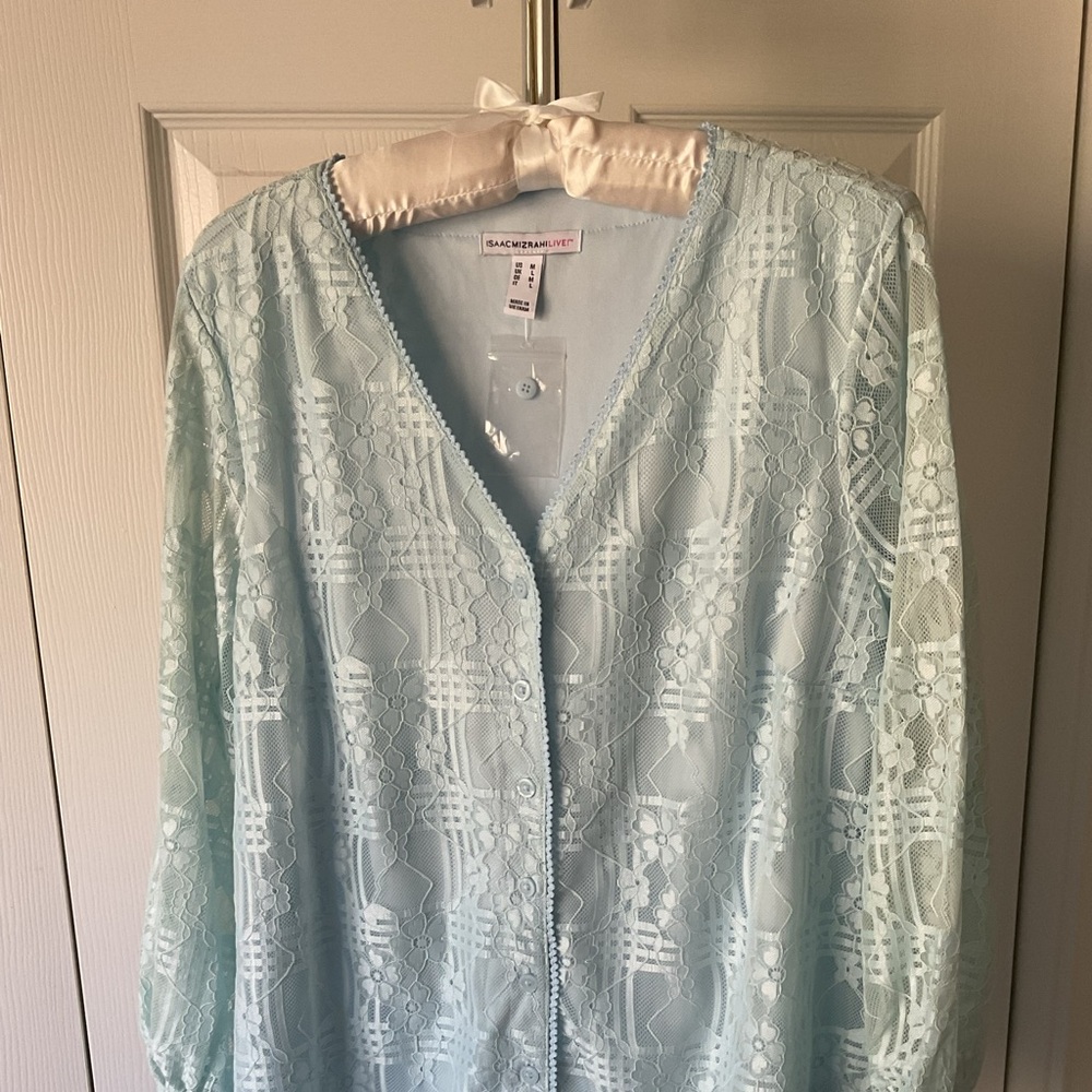 Isaac Mizarahi Collection pale blue Lace Button-Up Top